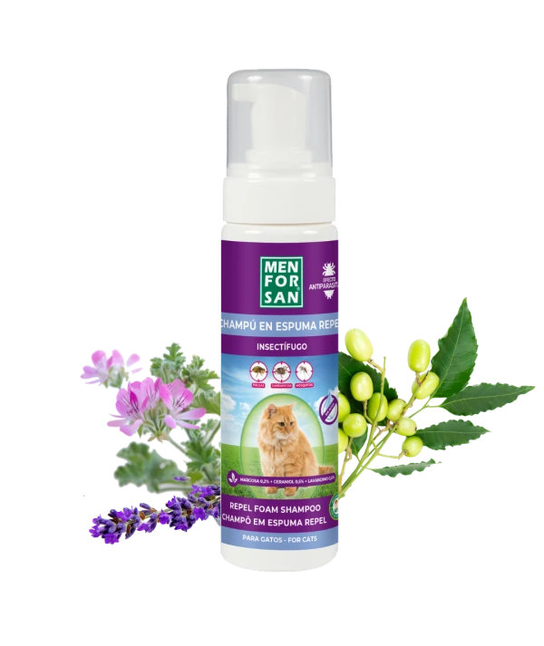Champú en espuma anti-insectos con margosa, geraniol y lavandino para gatos 200ml