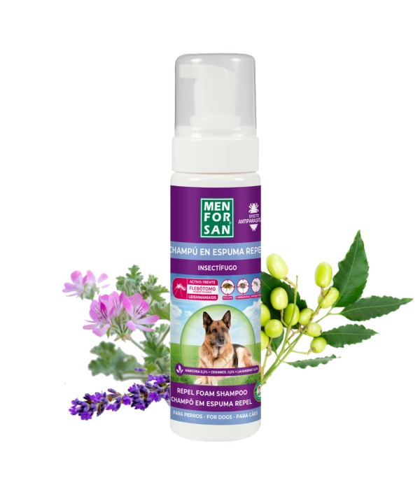 Champú en espuma Anti-insectos con margosa, geraniol y lavandino para perros 200ml